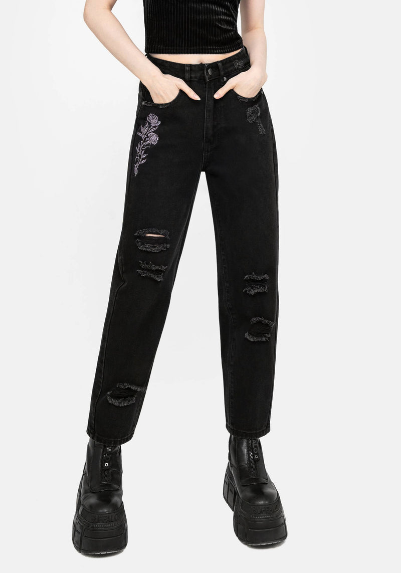 Deadhead Rose Bestickt Abgenutzt Denim Fass Bein Jeans