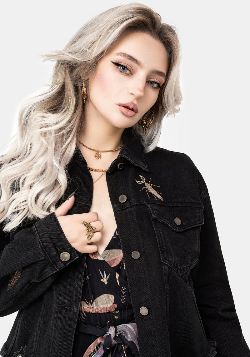 Griffinfly Bestickt Abgenutzt Denim Jacke