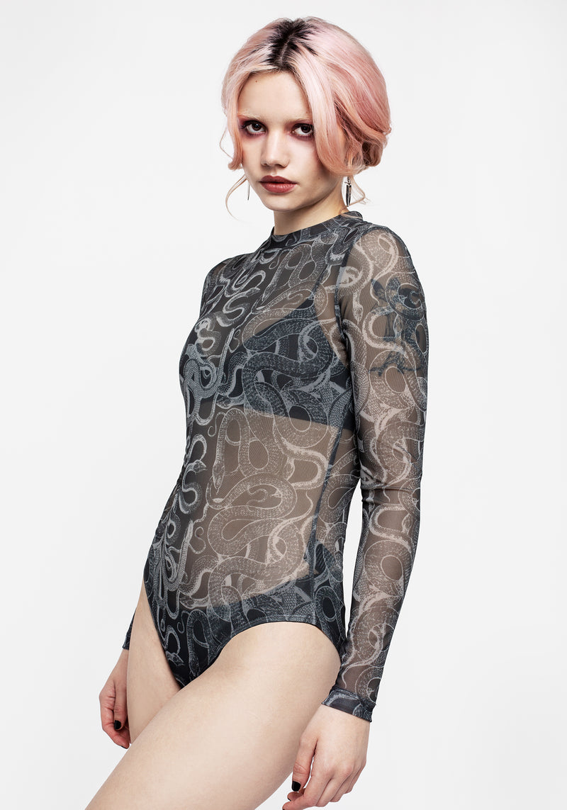 Serpente Print Mesh Long Sleeve Bodysuit