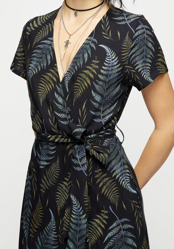 Frond Print Faux Wrap Midi Dress