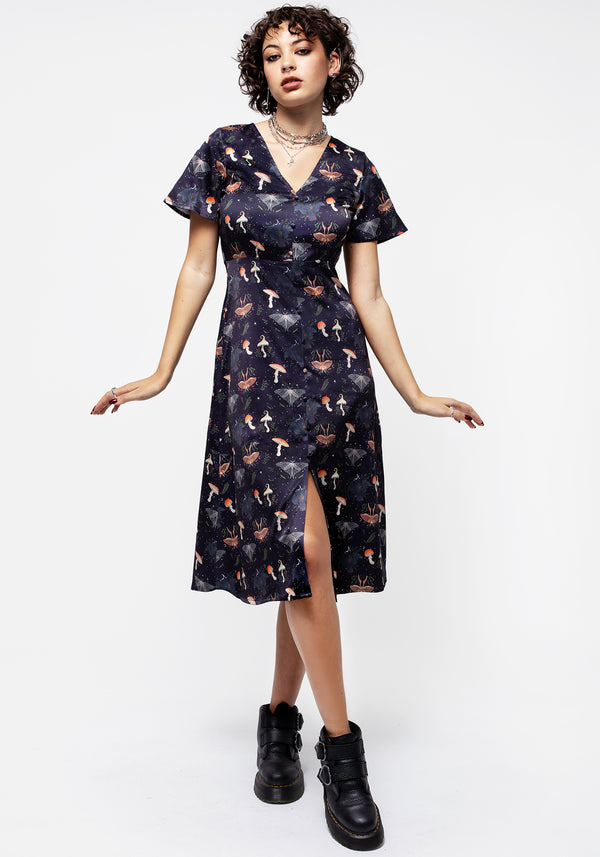 Medeina Print Button Front Satin Midi Dress