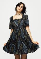 Frond Print Ruffle Shirred Mini Dress