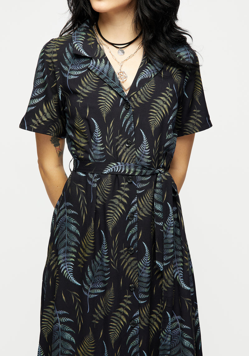 Frond Print Button Up Midi Shirt Dress