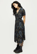 Frond Print Button Up Midi Shirt Dress