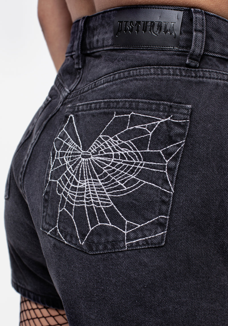 Widow Embroidered Denim Mom Short