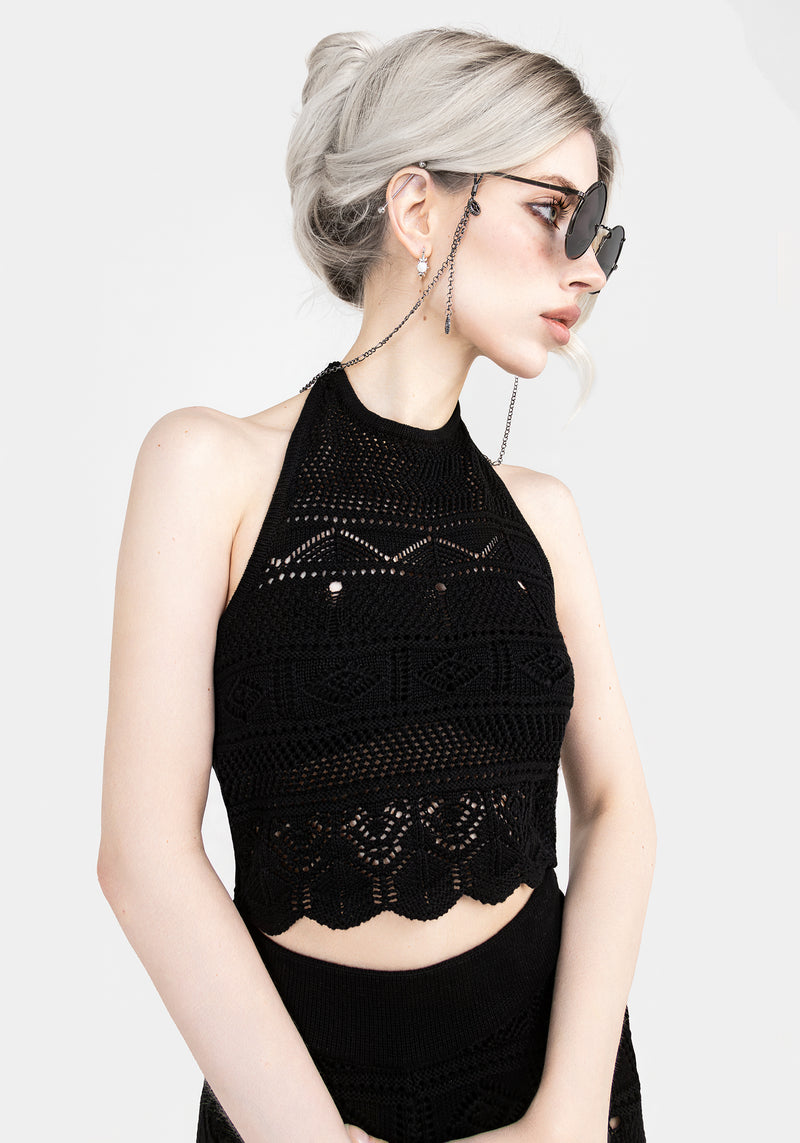 Hooked Pointelle Halter Crop Top