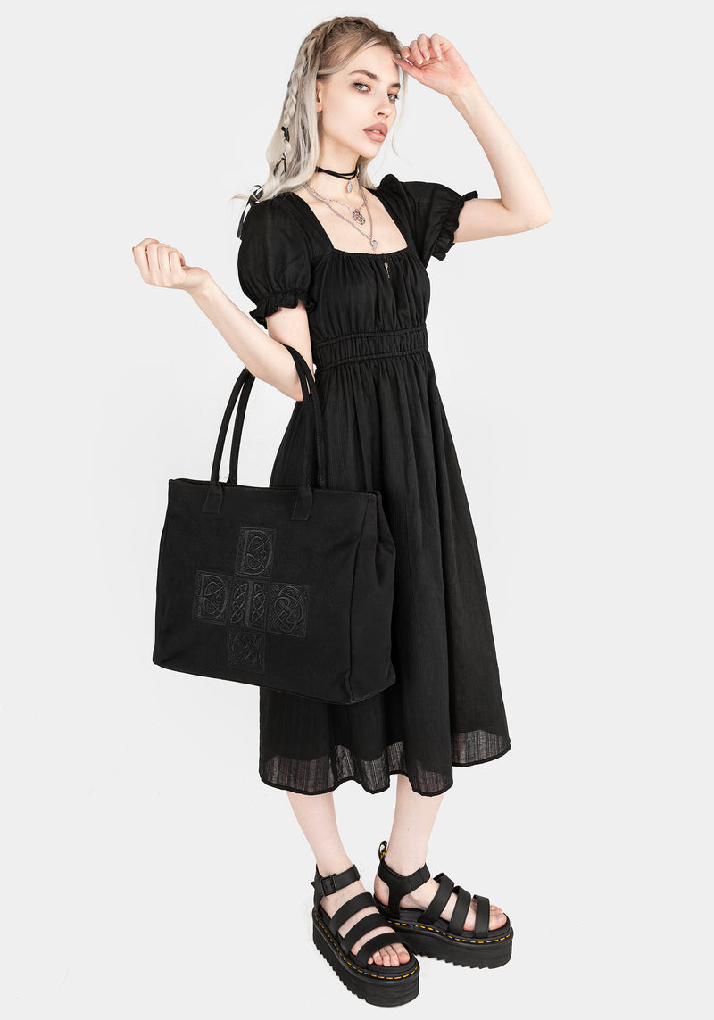 Obsidian Baumwolle Rüsche Midi Kleid