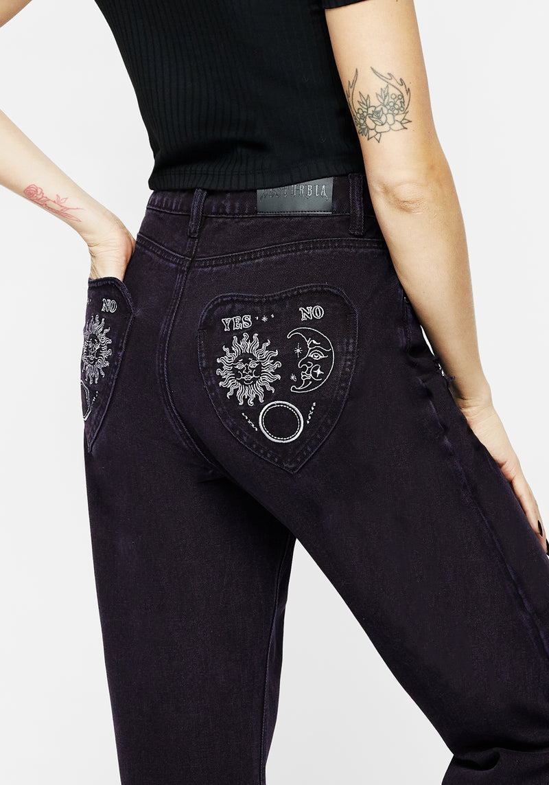 Planchette Bestickt Abgenutzt Denim Mom Jeans