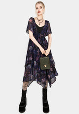 Dragonfly Floral Print Chiffon Handkerchief Hem Dress