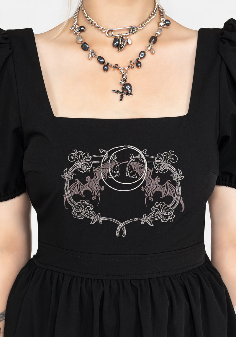 Vampyrum Bat Embroidered Puff Sleeve Mini Dress