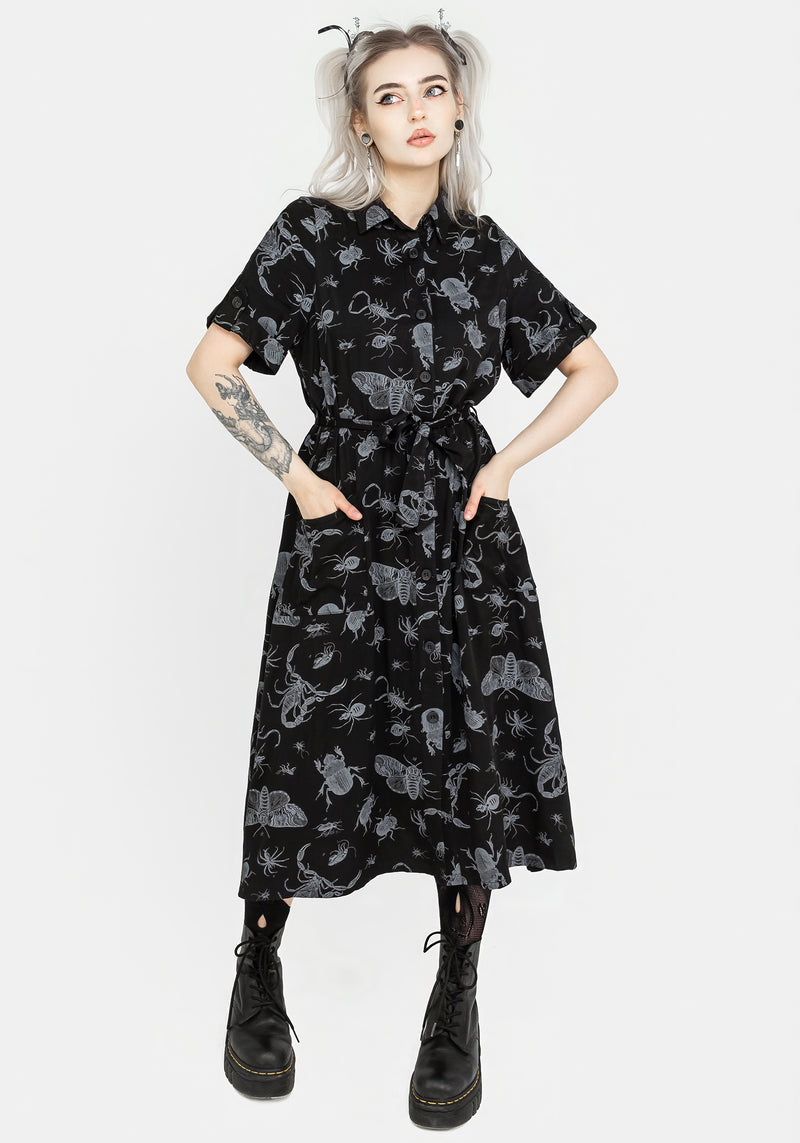 Parasite Bugs Short Sleeve Midi Shirt Dress - Black