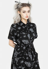 Parasite Bugs Short Sleeve Midi Shirt Dress - Black