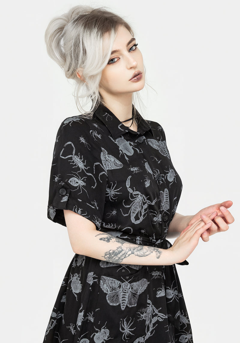 Parasite Bugs Short Sleeve Mini Shirt Dress - Black