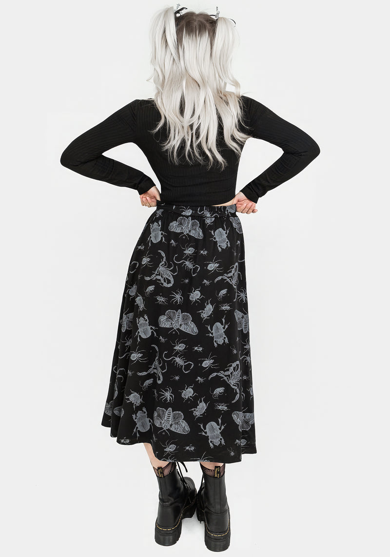 Parasite Bugs Button Front Midi Skirt - Black