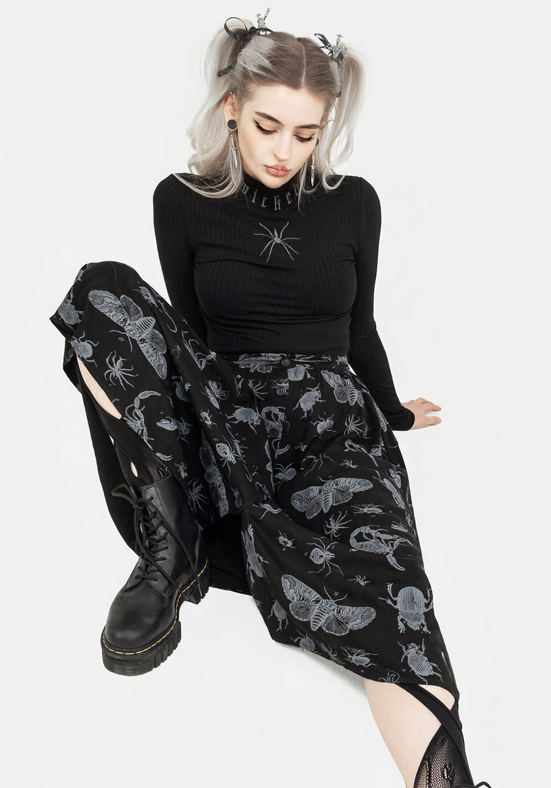 Parasite Bugs Button Front Midi Skirt - Black