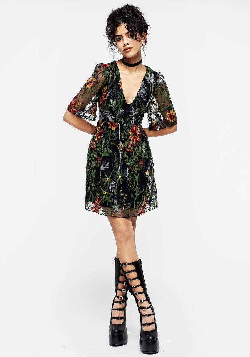 Wildflower Embroidered Mesh Mini Dress