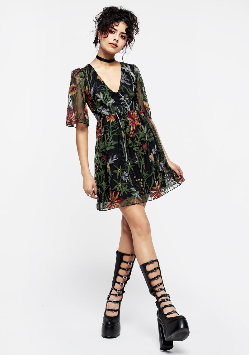 Wildflower Bestickt Mesh Mini Kleid