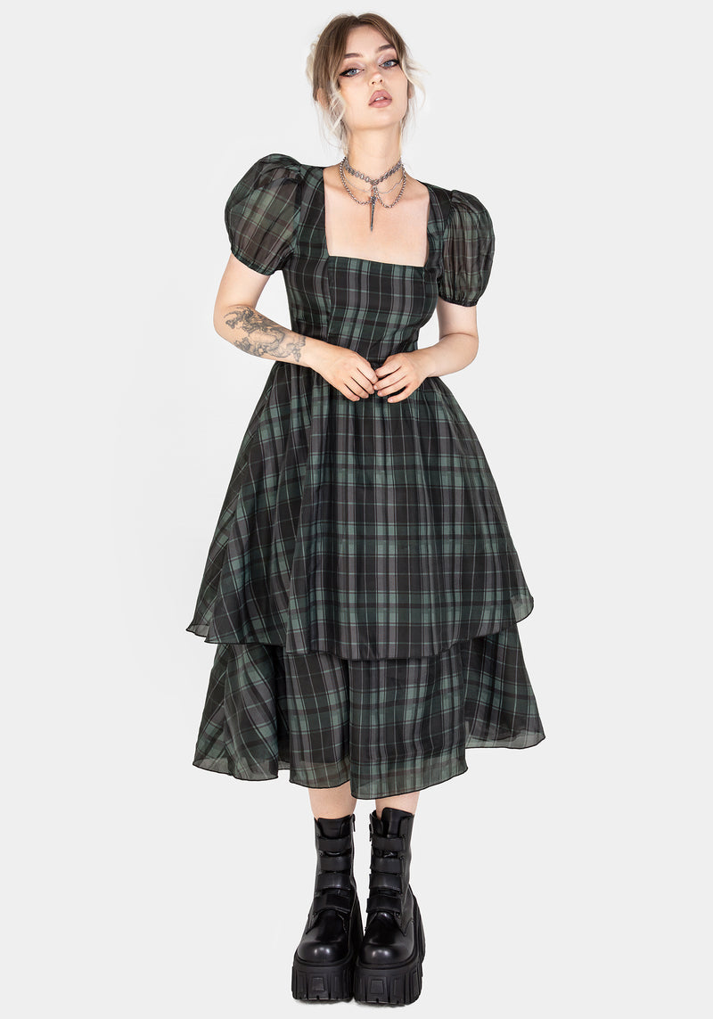 Checkmate Puffärmel Ärmel Gelagert Organza Midi Kleid