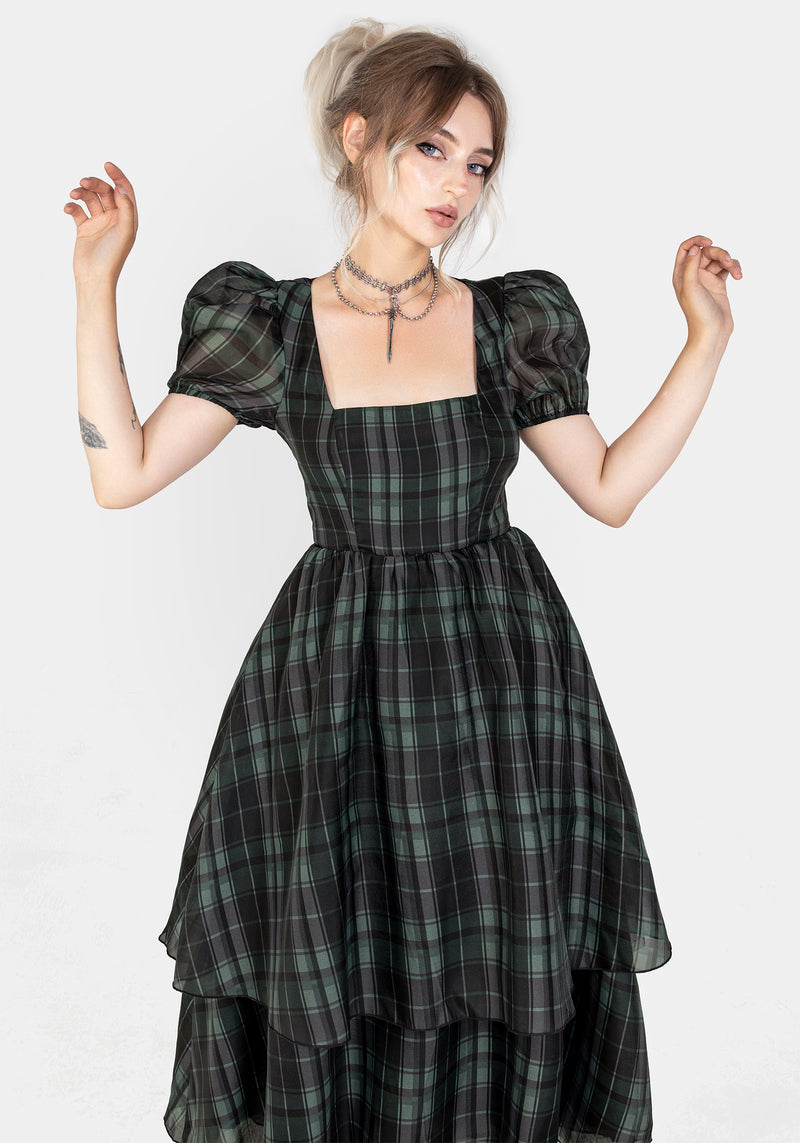 Checkmate Puffärmel Ärmel Gelagert Organza Midi Kleid