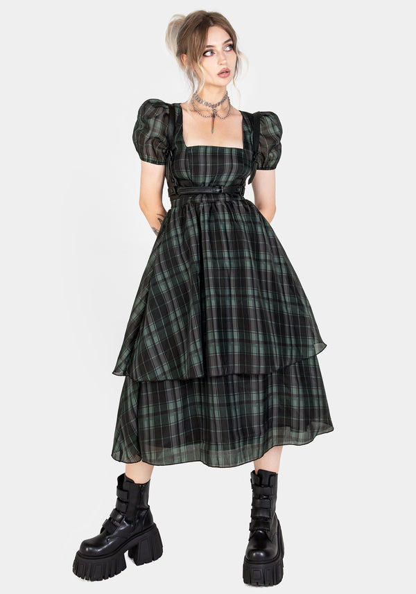 Checkmate Puffärmel Ärmel Gelagert Organza Midi Kleid