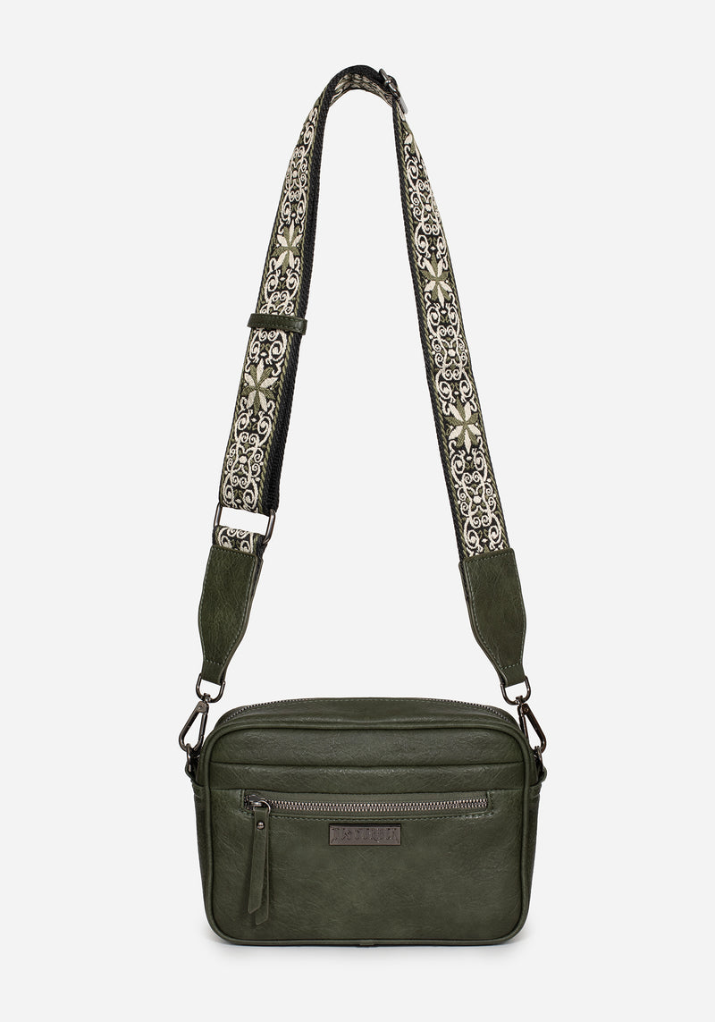 Portent Debossed Zip Front Crossbody Bag