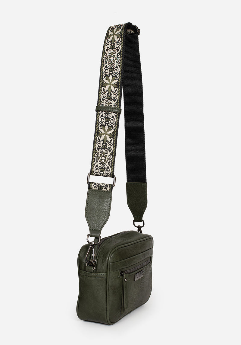 Portent Debossed Zip Front Crossbody Bag