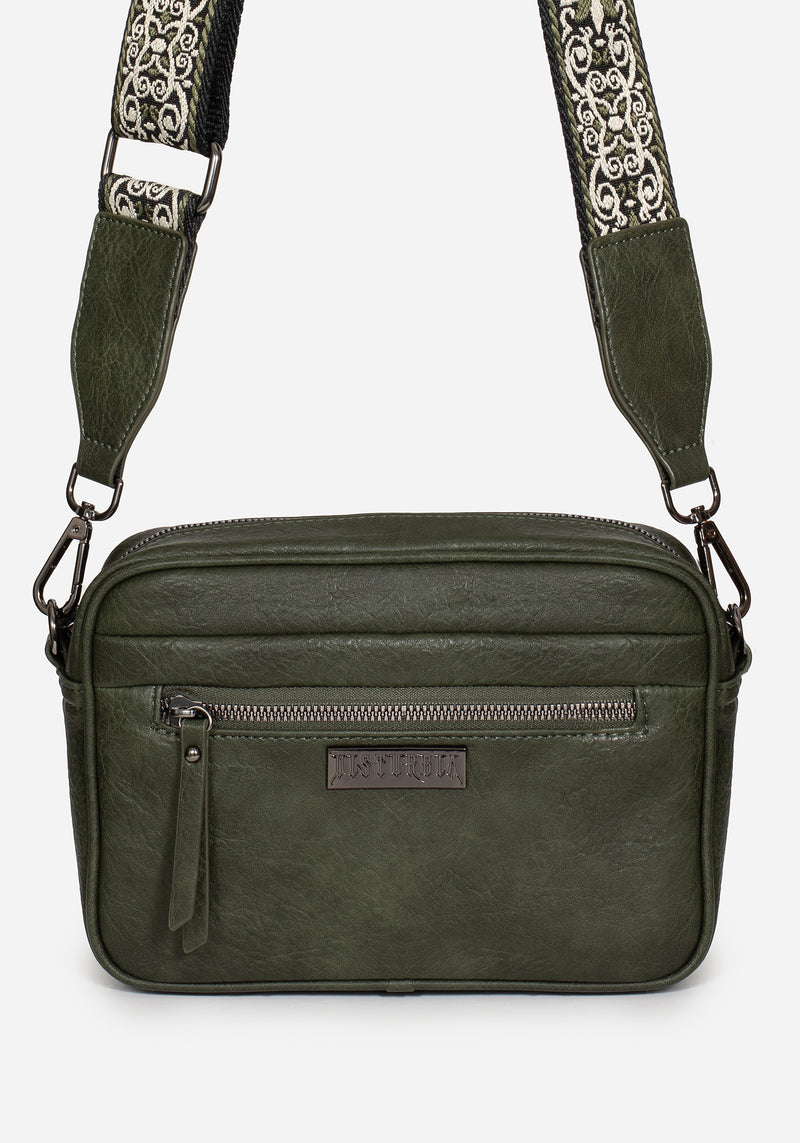 Portent Debossed Zip Front Crossbody Bag