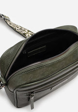 Portent Debossed Zip Front Crossbody Bag