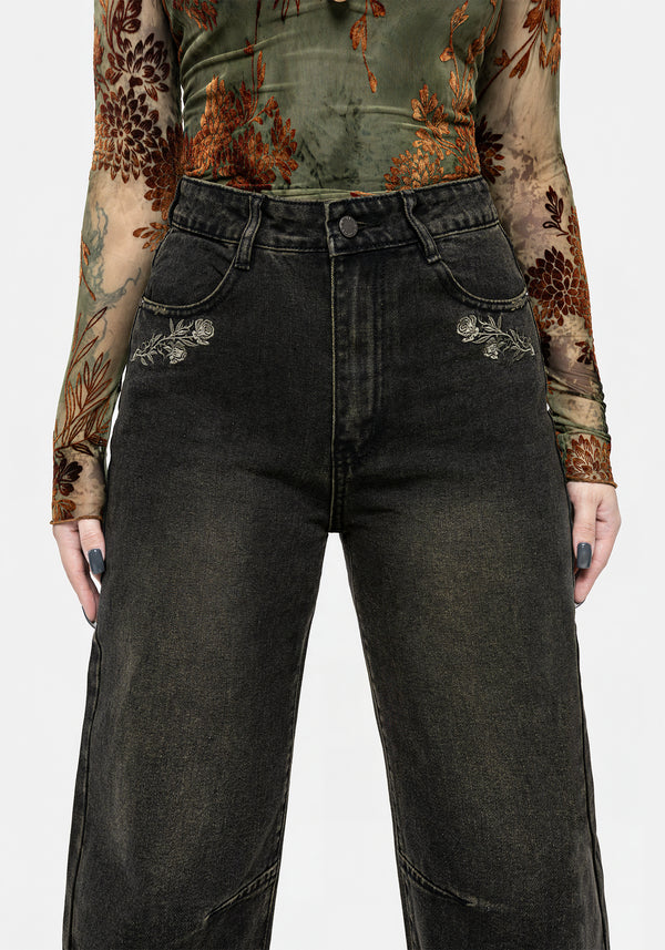 Veltha Floral Embroidered Denim Mom Jeans