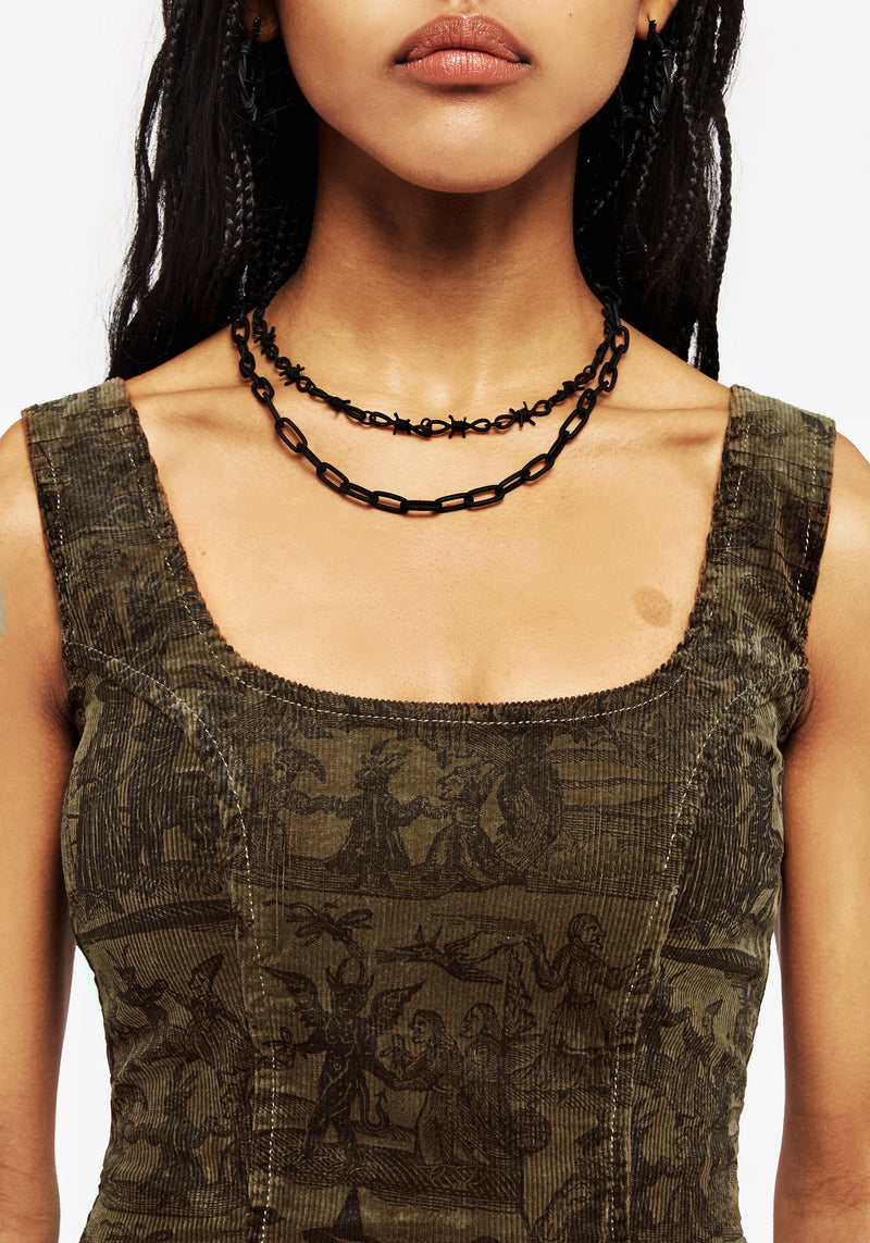 Diabolical Cord Woodcut Print Zip Corset Top