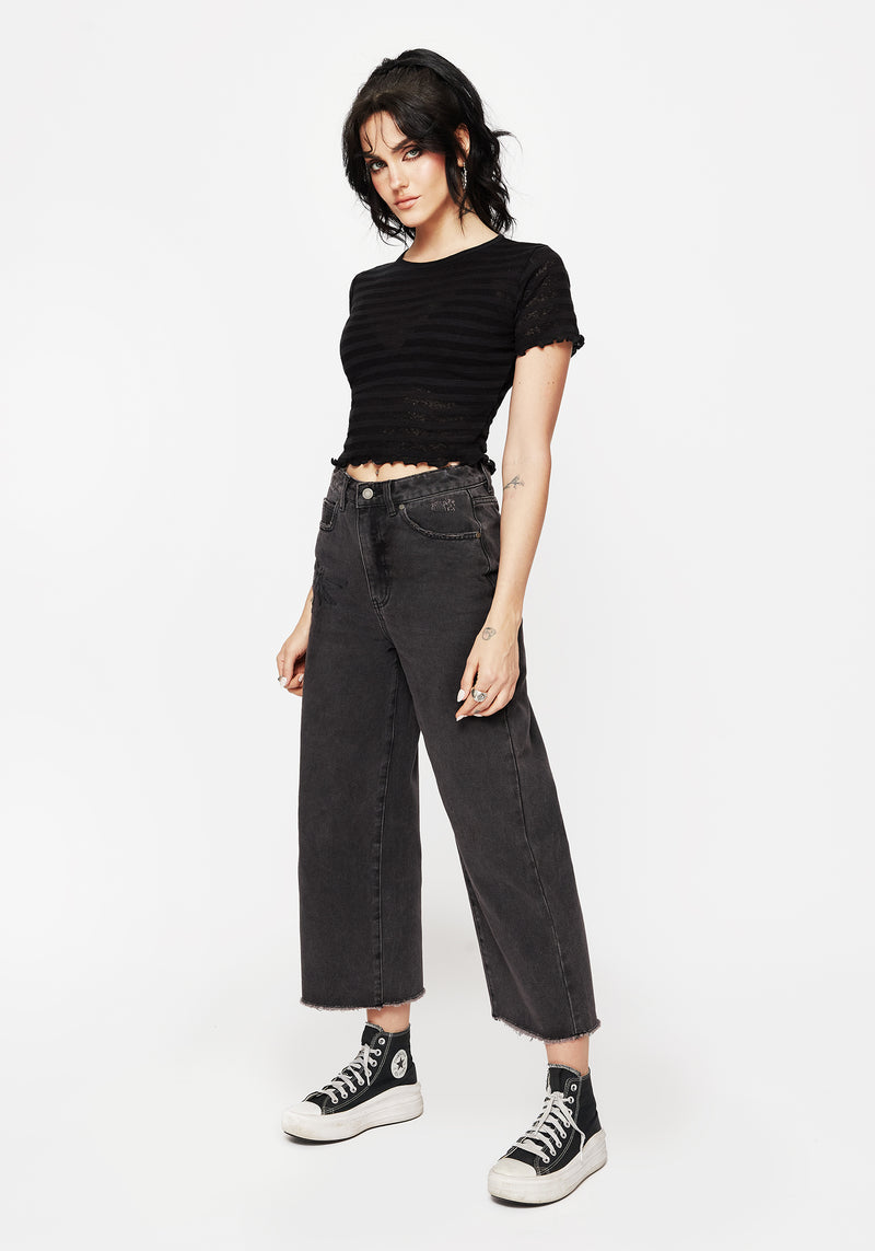 Dragonfly Embroidered Wide Leg Denim Culotte Jeans