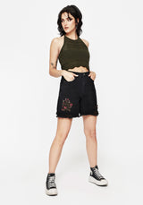 Aster Blumenmuster Bestickt Mid Length Denim Shorts   