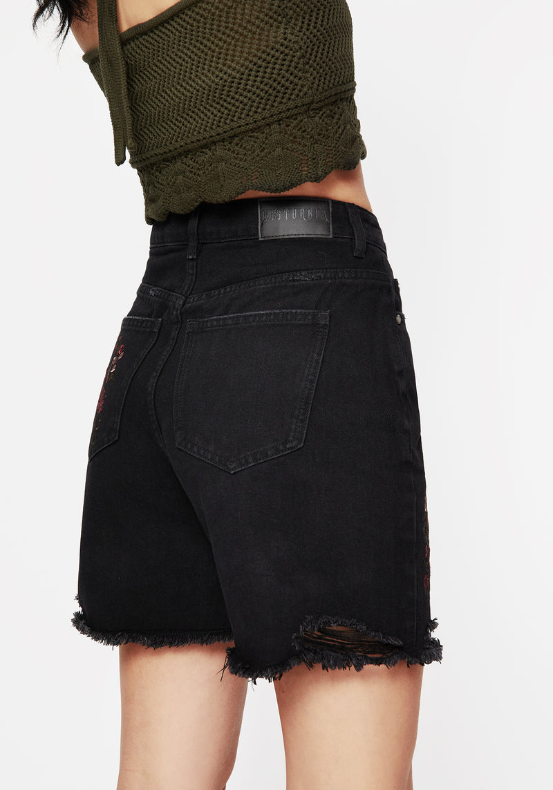 Aster Blumenmuster Bestickt Mid Length Denim Shorts   