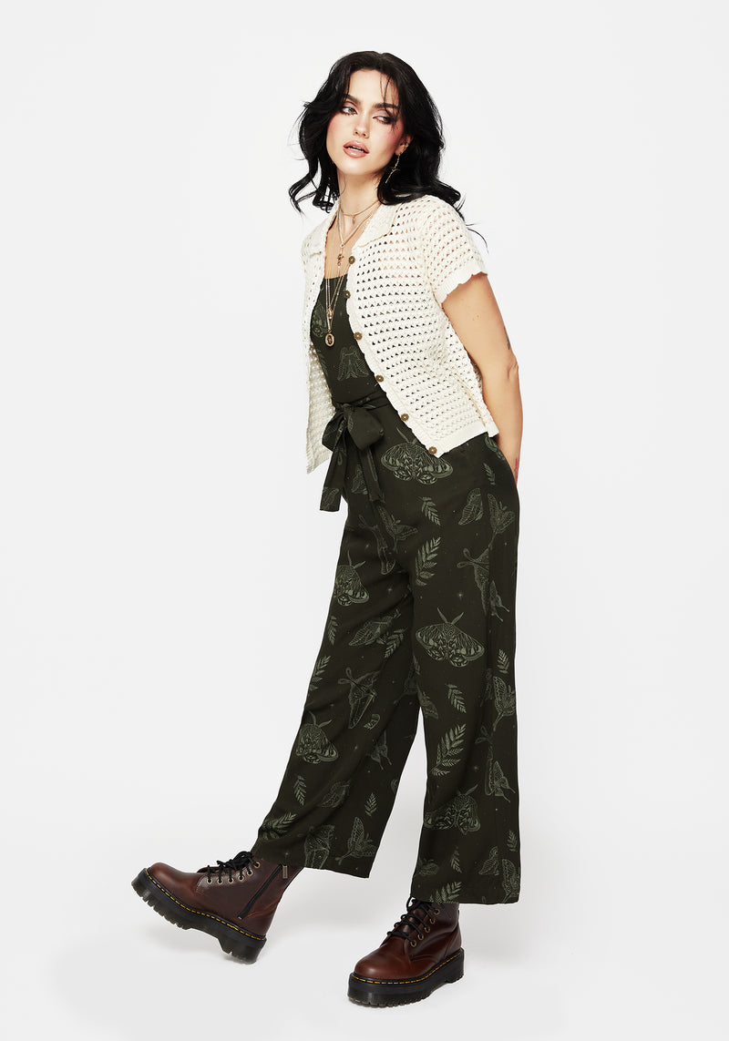 Callopistria Moth Print Wide Leg Jumpsuit - Green