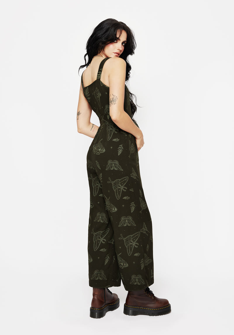 Callopistria Moth Print Wide Leg Jumpsuit - Green