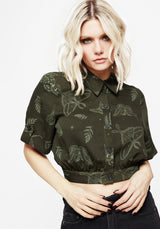 Callopistria Moth Print Short Sleeve Crop Shirt - Green