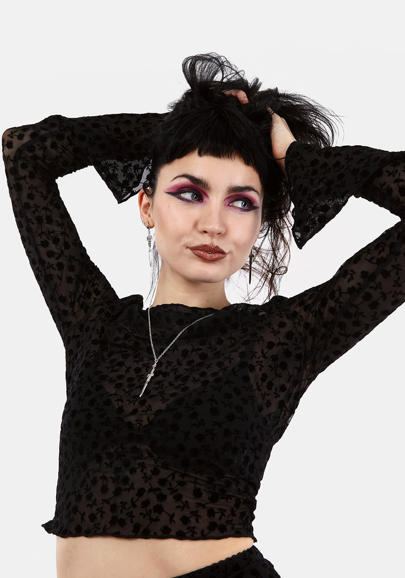 LOVESPELL FLOCKED MESH LONG SLEEVE TOP