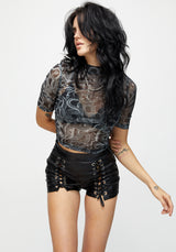 Serpente Print Mesh Short Sleeve Crop Top